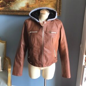 Sebby brown faux leather, black faux fur with gray hoodie jacket size L Juniors
